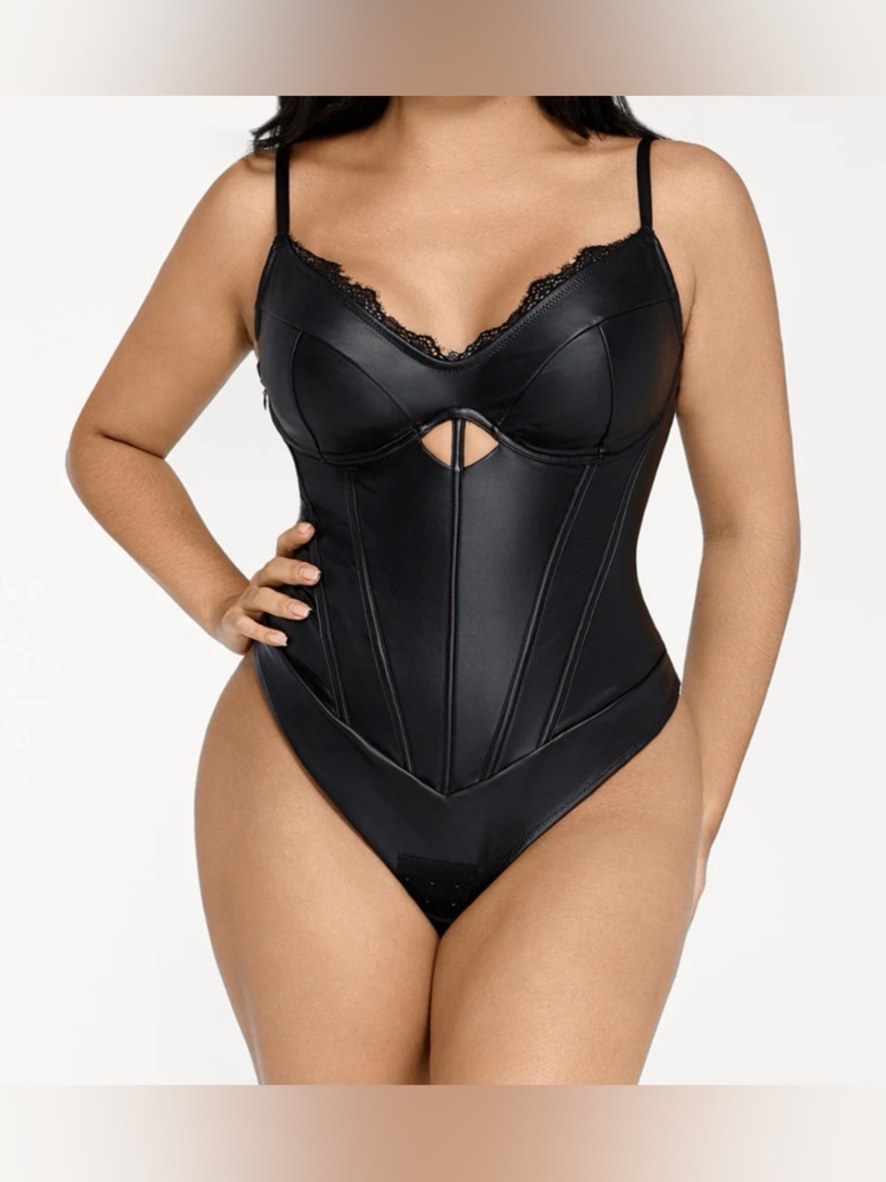 popilush Black Lace-Trim Faux Leather Bodysuit new no price tag size LARGE,